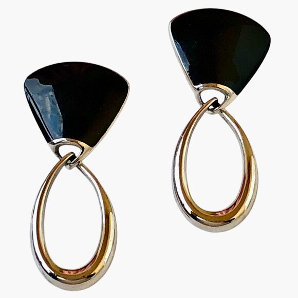 Trifari Vintage Black Enamel Silvertone Dangle Drop Earrings Posts - Picture 8 of 12